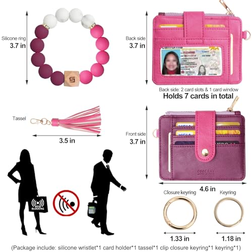 COOLANS Silicone Bracelet Wristlet Wallet Credit Card Holder RFID ID Window Key Ring Tassel Slim Wallet Women Keychain Purse - color: Pink Purple