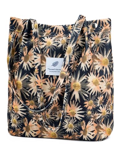 Corduroy Tote Bag Cute Tote Bags for Women Shoulder Bag with Inner Pocket for Work Beach Travel and Shopping Grocery - style: Small Sunflower