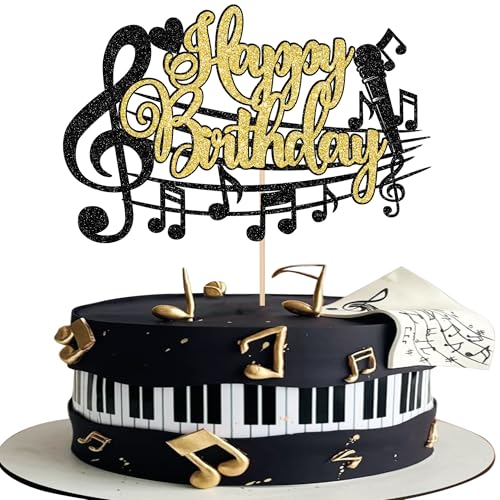 1 PCS Music Happy Birthday Cake Topper Black Gold Glitter Musical Symbol Note Microphone Music Lover Birthday Cake Pick for Concert Singer Theme Party Cake Decoration Supplies - color: Design 6