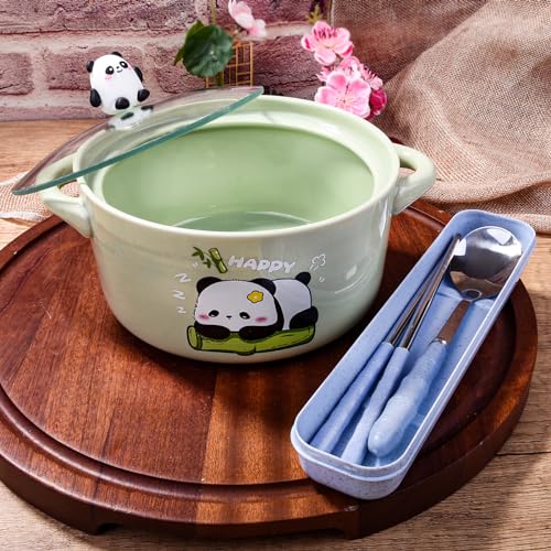 Ceramic Soup Bowl with Lid, Handles, Chopsticks and Spoon, 6'' Ramen Bowl - color: Green