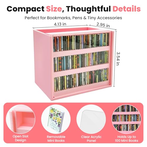Pink Anxiety Bookshelf with 100 Mini Books, Cute Miniature Library Stress Relief Toy, Shaking Book Shelf Ornament, Bookmark Holder & Pencil Organizer, Aesthetic Room Decor, Gift for Bookish Her - color: Pink