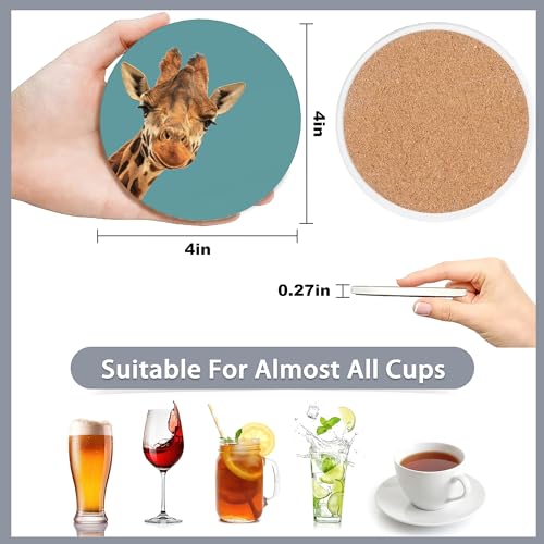 6 Pcs Coasters for Drinks with Holder,Funny Giraffe Absorbent Coaster with Cork Backing,Great Gift for Housewarming,Room Decor,Bar,Holiday Party - color: Funny Giraffe