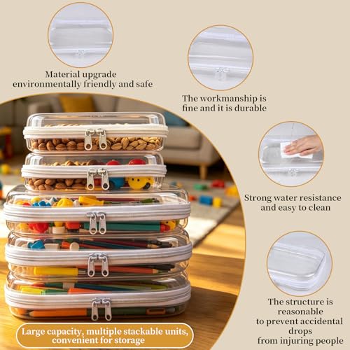 5-Pack Clear Hard Shell Zipper Case With Lids – 3 Large and 2 Small Clear Pencil Case, Stackable,Zipper Pouches Hard Shell for Cosmetics, Charging Cables, Sketch Supplies