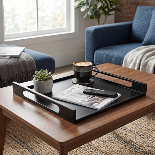 MyGift 16 Inch Matte Black Metal Large Serving Tray with Handles
