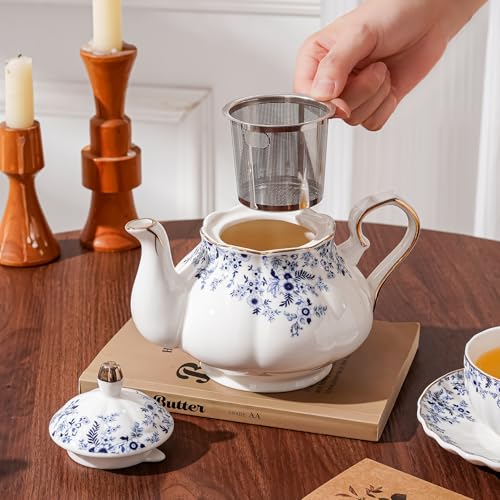 Flowers Ceramic Tea Set，Tea Sets for Adults, with Teapot, Spoons, Cup and Saucer for Tea Party (Little Blue Flower) - color: Little Blue Flower