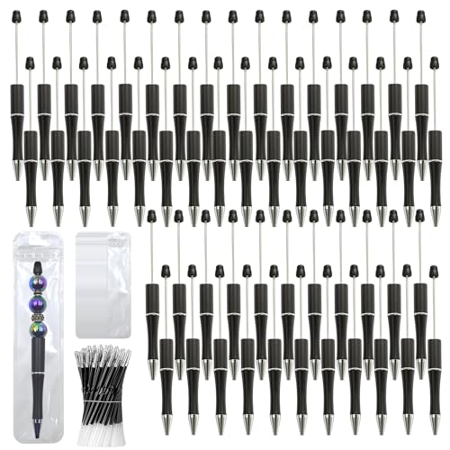 300 Pieces DIY Beadable Pen Kit – 100 Plastic Ballpoint Pens with Refills & Bags – School Supplies, Office Accessories & Decorative Items for Students & Teachers (Black) - color: Black color, size: 100