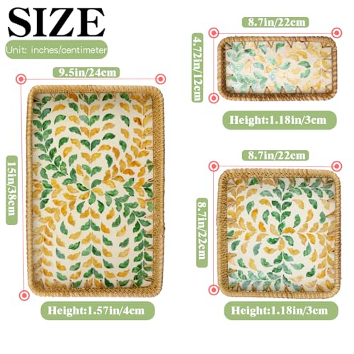 Rectangle Rattan Serving Tray with Mother of Pearl Inlay, Handwoven Wicker Tray for Frui Bread Breakfast Coffee Table Party Picnic Cafe Bedroom Kitchen Home Decor Set of 3 (Wicker Yellow Green) - color: Wicker Yellow Green
