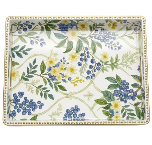 Decorative Serving Tray, Vintage Blue Berry Plastic Tray with Handles & Gold Rim, Multipurpose Storage Tray for Coffee Table, Bathroom, Kitchen & Entryway Home Decor. 15.7" x 11.8" x 1.57" - color: Blue&yellow