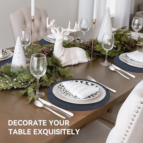 13" Round Placemats Set of 6, Reversible Faux Leather Wipeable Table Mats - color: Navy Blue