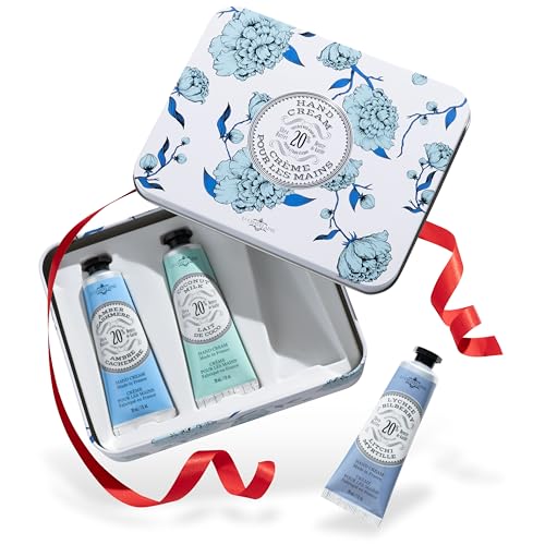 La Chatelaine Hand Cream Trio Tin Gift Set, Ready-To-Gift Tin, Nautral, Made in France with 20% Organic Shea Butter, Nourishing and Moisturizing (Amber Cashmere, Coconut Milk, Lychee Bilberry or Shea) - style: Winter White Trio
