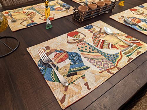 DaDa Bedding Dancing Women Tapestry Dining Table Placemats - Set of 4-Pieces Festive Celebrate Kwanzaa - Tribal African Tribal Culture - Decorative Cotton Linen Woven Kitchen Mats - 13” x 19” (18117) - color: Dancing Women