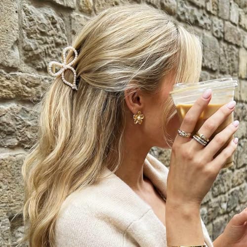 CAKURE Small Bow Claw Clips Pearl Hair Clips Cute Mini Hair Clip Gold Hair Accessories for Women （Pack of 2)