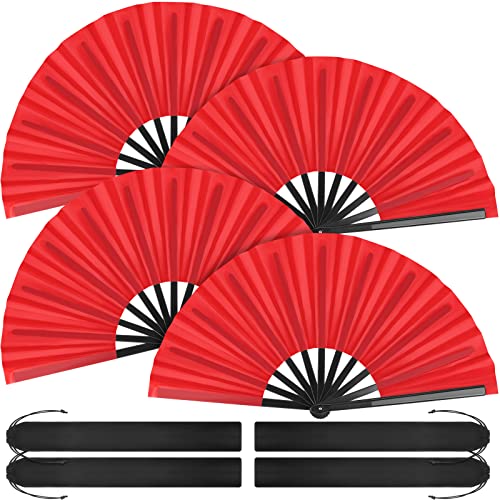Aodaer 4 Pack Large Silk Folding Fans - Handheld Fans for Men and Women, Red - color: Red