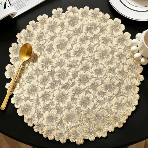 Quantum Love Gold Balloon Flower Round Placemats Set of 6, 3D Vinyl Metallic Platycodon Flower 15 Inch Table Mats, Wipeable Waterproof Non Slip Placemat for Wedding Christmas Party Dining Table Decor - color: Gold Balloon Flower