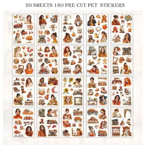 PET 20 Sheets 180 Pre-Cut Fall Stickers for Scrapbooking Landscape People Scrapbook Sticker Transparent Stickers for journali Scrapbook Supplies - color: Autumn
