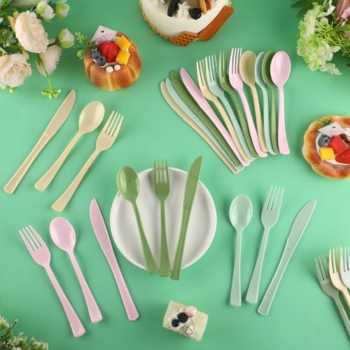 Kochorie 300 Pieces Sage Green and Pink Plastic Silverware, Disposable Plastic Utensils, Heavy Duty Cutlery Set Heavyweight Flatware Includes Spoons Forks Knives for Birthday Wedding Party Supplies - color: Sage Green, Pink