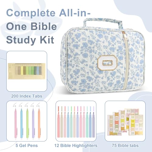 Personalized Initial Bible Cover Case for Women Girls Kid - Large Quilted Bible Case with Handle,Chenille Letter Bag Study Supplies,Christmas Gifts for Christians Birthday Graduation(Blue Flower-O) - color: Blue Flower, size: letter-O