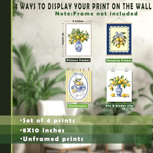 LUKIPOM Chinoiserie Lemon Wall Art Posters Set of 4, Grandmillennial Home Decor, Floral Blue and White Porcelain Lemon Tree Canvas Prints Artwork for Kitchen Wall Decor, 8x10 Unframed - color: Color 009