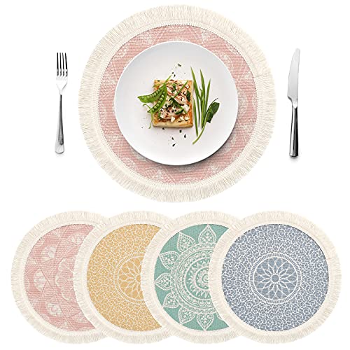 Set of 4 Round Placemats 13 Inch Cotton Woven Mandala Tassels Table Mats - color: Colorful-4pcs