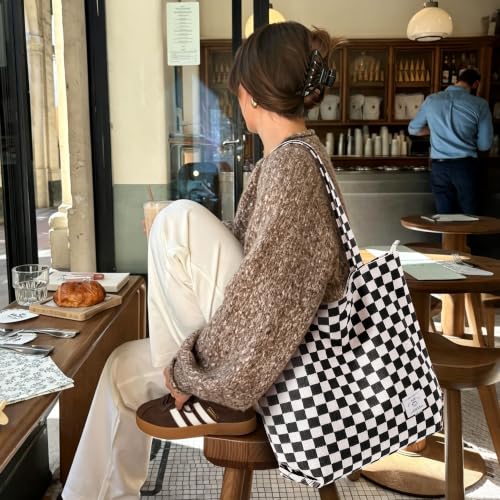 KALIDI Women Corduroy Tote Bag Zipper Casual Tote's Handbag Big Capacity Shoulder Bag with Pockets - color: Checkerboard Black