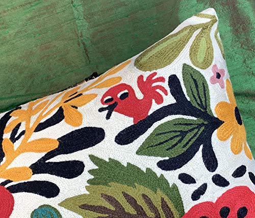 Lumbar Cushion Cover Hand Embroidered Wool 13x21 (Red Floral Lumbar Pillow Cover) - color: Red Floral Lumbar Pillow Cover