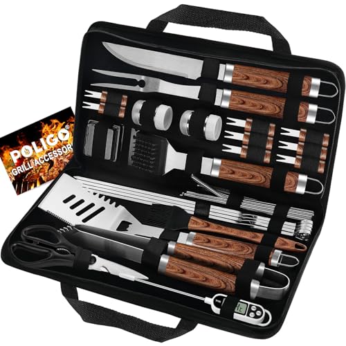 POLIGO 29 PCS BBQ Grill Accessories Stainless Steel BBQ Tools Grilling Tools Set with Storage Bag for Fathers Day Dads Birthday Presents - Camping Grill Utensils Set Ideal Grilling Gifts for Men Brown - color: Brown