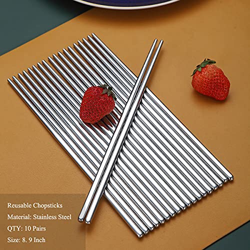 10 Pairs Reusable Chopsticks, Stainless Steel Metal Chop Sticks, Japanese Chinese Korean Chopstick Dishwasher Safe, 8.9 Inch (Silver / Chop sticks) - color: 1. Silver