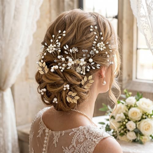 10 Pieces Gold Leaf Bridal Hair Pins, Wedding Headpiece Hair Jewelry with Pearl Rhinestone Wedding Hair Accessories for Bride Bridesmaids Flower Girls(Elegant Pearl)