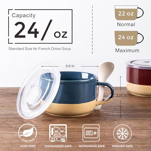 GBhome Ceramic Soup Mugs with Handles and Lids,24 OZ Soup Cups Set of 2 - color: Blue&Red