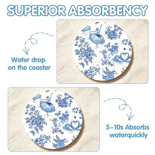Blue and White Coasters Set of 6, Blue White Floral Ceramic Coasters with Holder Cork Base, Drink Absorbent Coffee Table Protection Home Decor, Christmas Housewarming Gifts - color: Blue White Flower