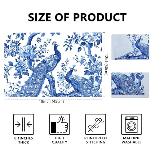 Blue and White Porcelain Peacock Table Placemats Set of 4 Place Mats Linen Wipeable Placemats Waterproof Rectangle Table Mat for Kitchen Dining Dinner 18 X 12 Inch - color: Blue and White Porcelain Peacock