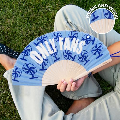 Fisura – Original Folding Fan with “Only F*ns” Message. Colorful Wooden Folding Fan in Blue with Fan Print and Strap Included. Fun Gift idea for Travel Beach Days or Summer Events. 16.7 x 9 in. - color: Only F*ns, Blue