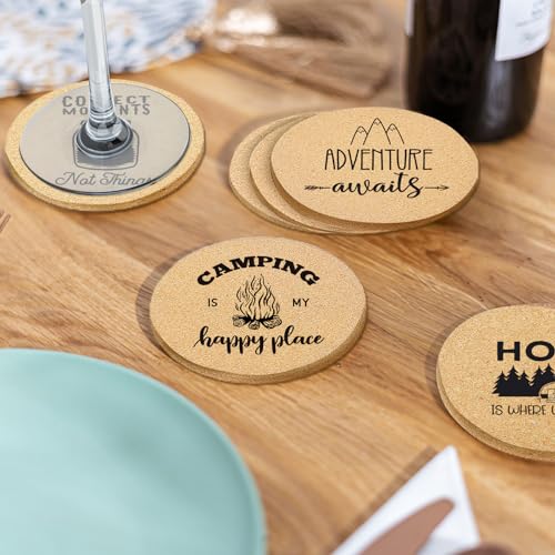 Coasters for Drinks with Holder Set of 6, Camping Coaster Absorbent Cork Wood for Cup Desk Office Table Kitchen Decor House Warming Gifts for New Home Couples, Round 4" - color: Camping