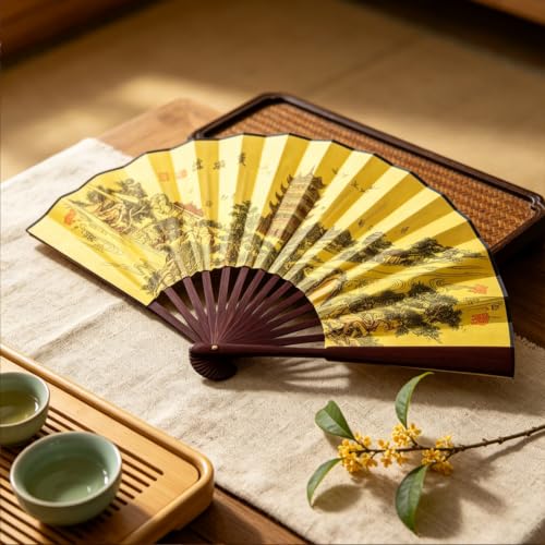 Fox Baby Folding Hand Fan,13 inch Bamboo Fabric Large Hand Fans with Chinese Traditional Painting for Decorations,Performance (Wooden Tower & West Lake) - color: Wooden Tower & West Lake