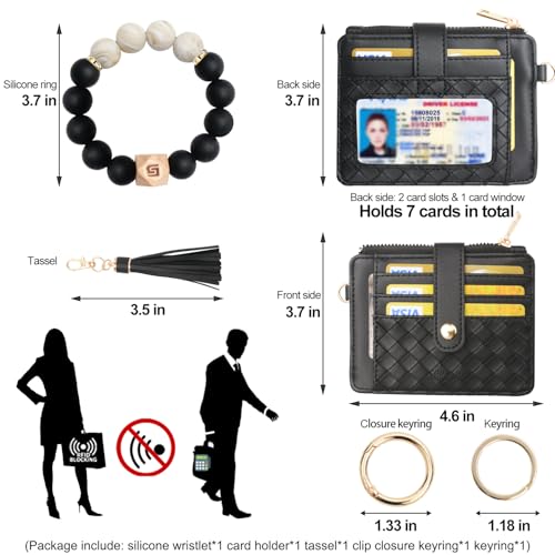 COOLANS Silicone Bracelet Wristlet Wallet Credit Card Holder RFID ID Window Key Ring Tassel Slim Wallet Women Keychain Purse - color: Black
