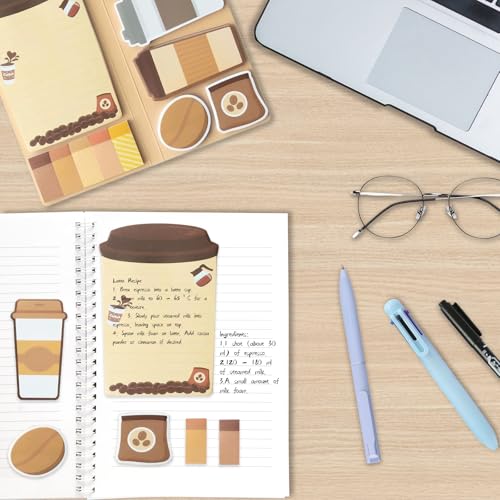 Coffee Cup Sticky Notes Set, 440 Sheets, Cute Coffee Theme Self-Stick Notes Pads, Divider Tabs Bundle, Writing Memo Pads for Coffee Lovers, Home, School, Office Supplies, Creative Small Gifts - style: Coffee