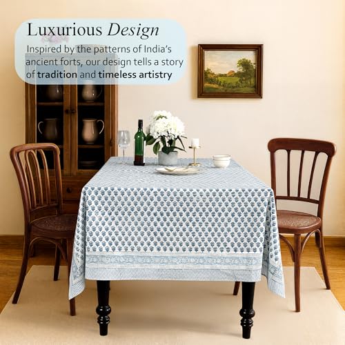 CPC Apatite Blue Floral Hand Block Printed 100% Cotton Tablecloth 60x108 Rectangular Reusable and Washable Boho Dining Table Cloth Thanksgiving - color: Apatite Blue, size: 108" x 60" (Rectangular)