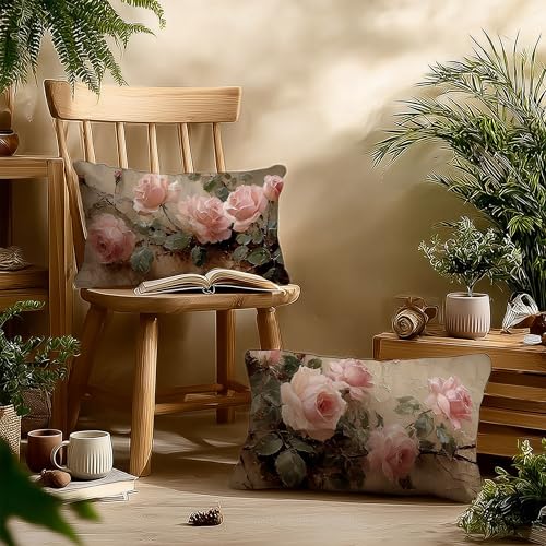 Vintage Pink Rose Floral Rectangle Pillow Throw Cover 20x12 Decor, Shabby Chic Rustic Cottagecore Decorative Throw Pillow Covers Double-Sided Set of 2 - color: A-rose-4, size: 20" x 12" (Pack of 1)