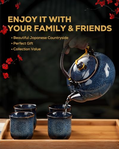 DUJUST Japanese Tea Set for 6, Kiln Altered Glaze Porcelain Tea Set with 1 Teapot, 6 Tea Cups & 1 Tea Tray, Unique Chinese Tea Sets for Adults/Tea Lovers/Women/Men, Blue - color: Teasets - Blue