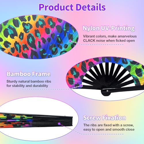 EOSAU Large UV Glow Rave Fan, Folding Hand Fans for Line Dancing, Leopard - color: 13" Leopard Print