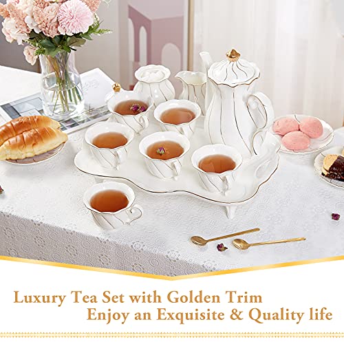 DUJUST 14 pcs Tea Set for 6 with Tea Tray & Spoons, Luxury British Style Coffee Cup Set with Golden Trim, Beautiful Porcelain Set for Living Room Decor, Tea Party Set, Gift Package - White - color: 14pcs tea set