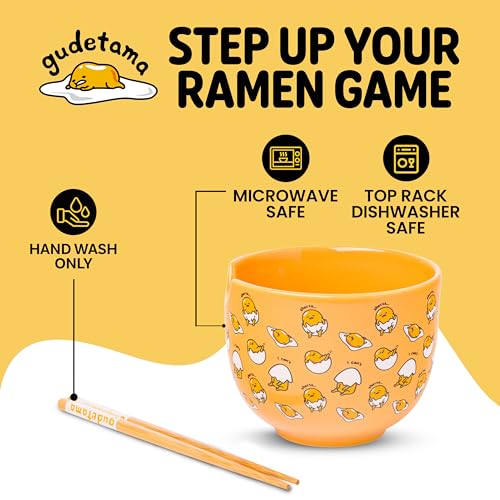 Silver Buffalo Sanrio Gudetama Yellow Egg, Ramen Bowl with Chopsticks, 20oz - color: Gudetama I Can't, size: 20 Ounces (No Spoon)