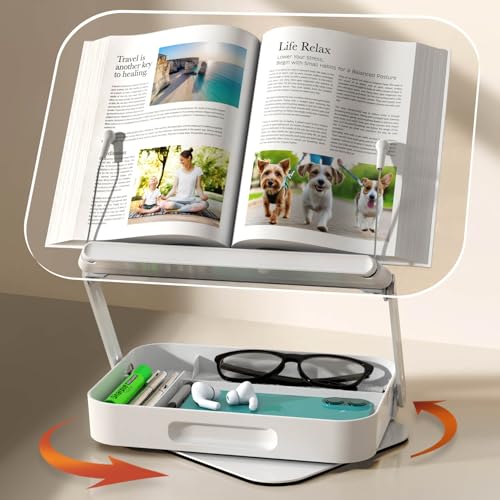 Acrylic Book Stand with Storage, 360° Rotating, Foldable Adjustable Holder with Large Storage Capacity for Reading & Tablets (Clear) - color: Storage