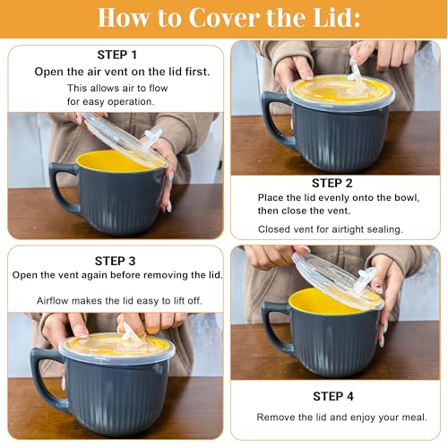 Ceramic Soup Bowl with Handle & Lid, 32oz Microwave Ramen Bowl Set of 2 - color: Blue 2 pcs-32, size: 32 OZ