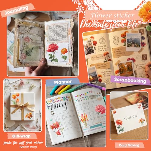 Clear PET 20 Sheets 173 Pcs Sticker Book, Fiery Sunset Botanical Floral Ephemera, Red Rose Stickers, Orange Tulip Embellishments, Seamless Junk Journaling Supplies - style: Fiery Garden