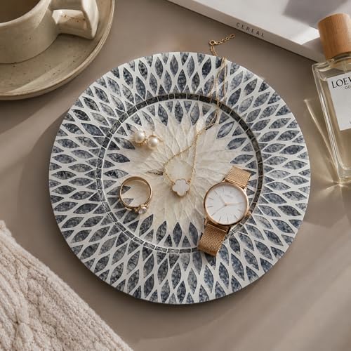 i-lan 2 Pack 13 Inch Mother of Pearl Decorative Charger Plates for Display, Sea Shell Inlay Wood Charger Plates for Dining, Party, Modern Style Decor Placemats for Dinner Plates,Black - style: Style 10