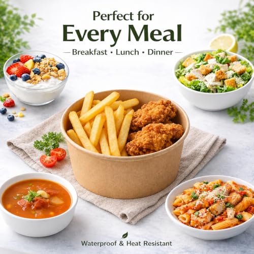 TOPtoper 42Oz 50Pcs Large Paper Bowls with Lids, Disposable Soup Serving Bowls Bulk Party Supplies for Hot/Cold Food, Soup (42 OZ) - size: 42 OZ