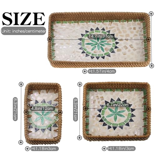 Rectangular Rattan Serving Tray with Mother of Pearl Inlay, Boho Home Decor Wicker Woven Basket for Bread Fruit Coffee Table Kitchen Set of 3 Sizes (Bohemian) - color: Bohemian