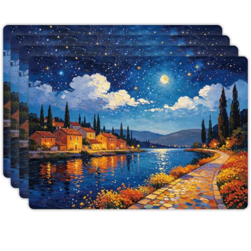 Peacoblue Placemats Set of 4,Faux Leather Oil Painting Landscape Design - style: Oil Painting Landscape with Stars