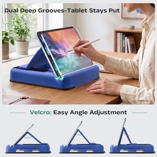 Tablet Pillow Stand, Multi-Angle Foldable iPad Holder for Bed, Sofa, Desk, Lap, Soft Pad Dock with Storage Pocket & Stylus Mount, for 4.7-13" Devices iPad,iPhone,E-Reader,Books (Blue) - color: Blue